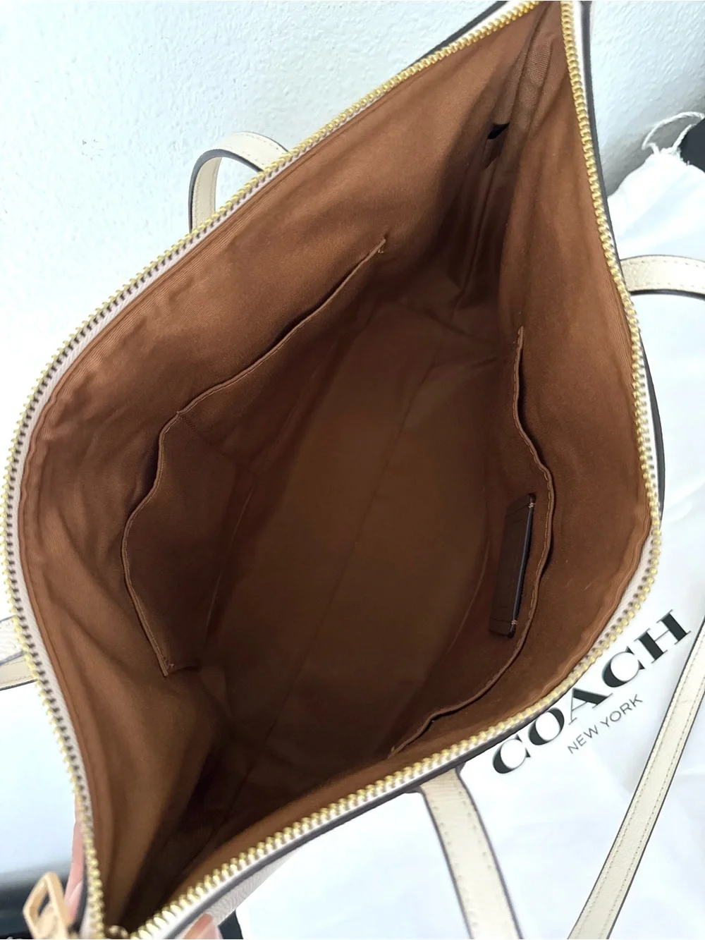 Coach Cream Leather Tote with Gold Hardware and Top Zip